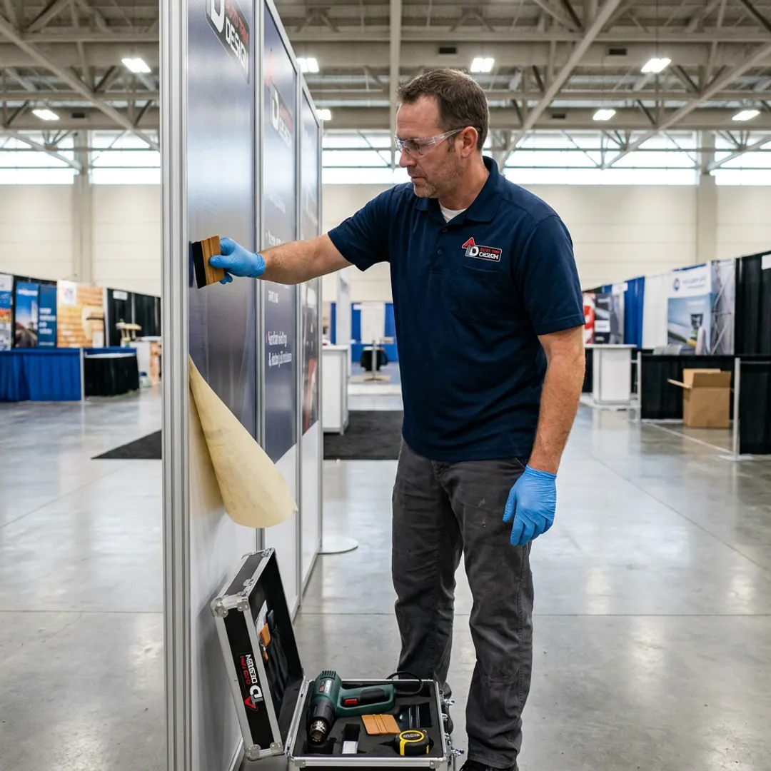 Technician installing trade show display graphics