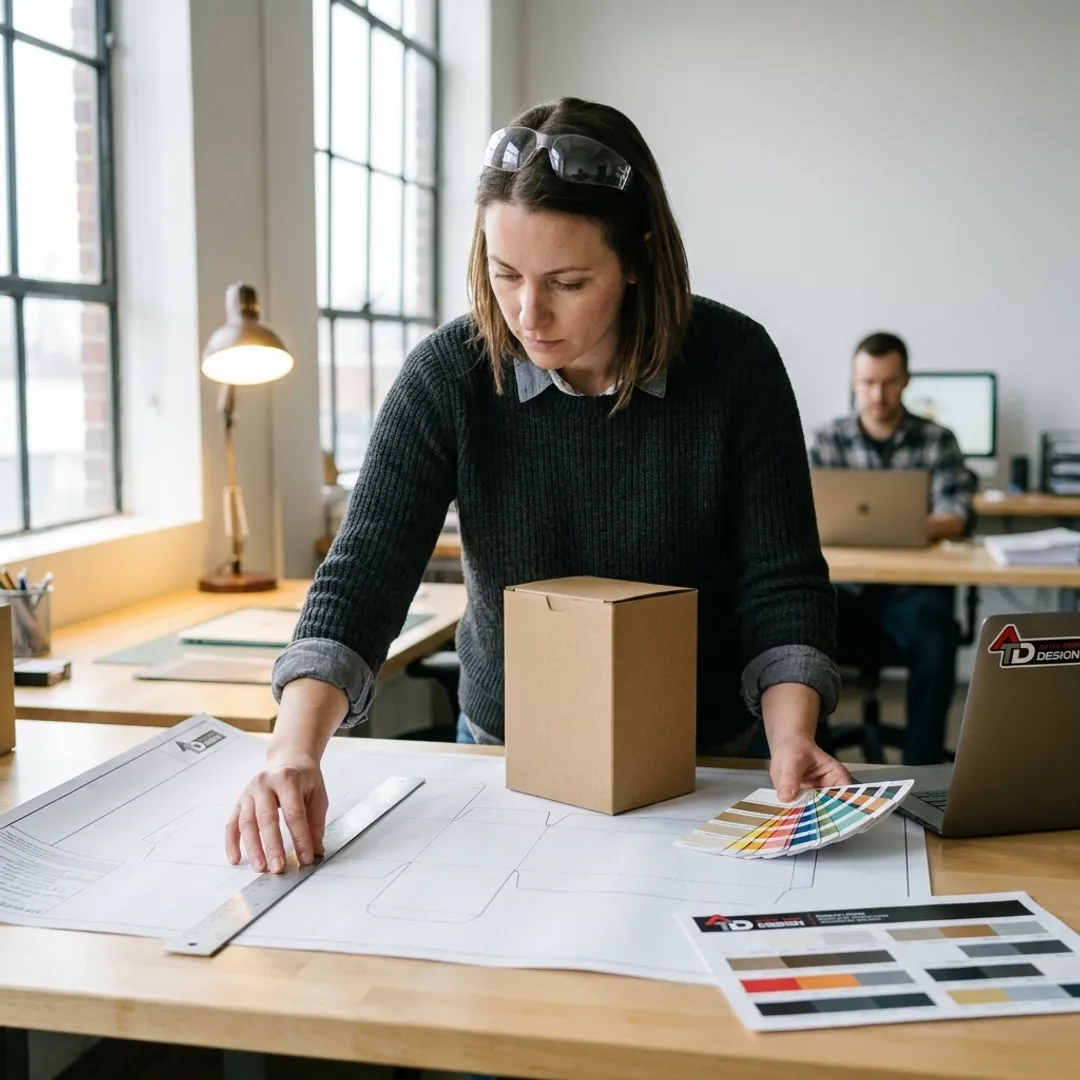 Designer reviewing custom packaging box artwork