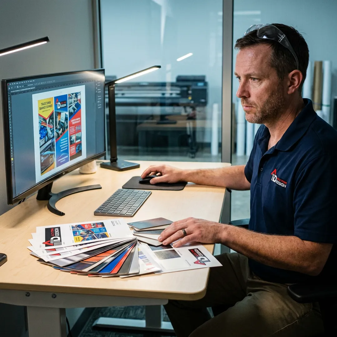 Designer reviewing trade show banner artwork
