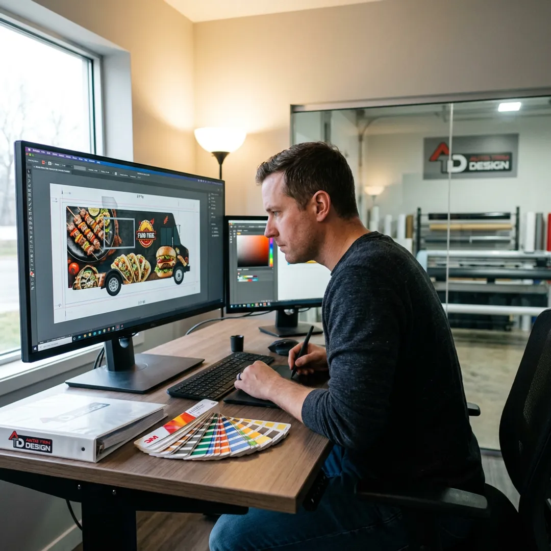Designer reviewing food truck wrap layout