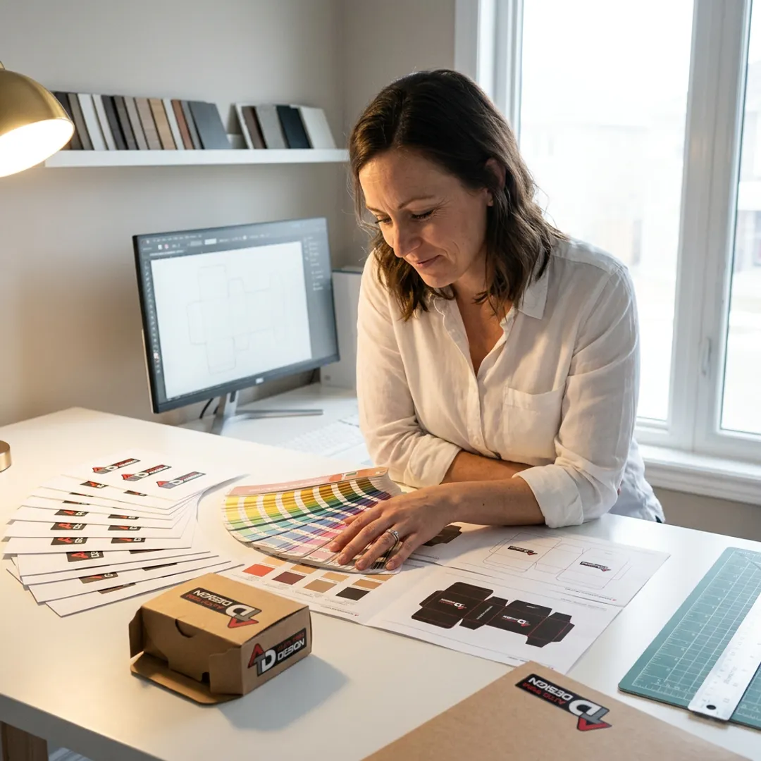 Designer reviewing custom box artwork and colour samples