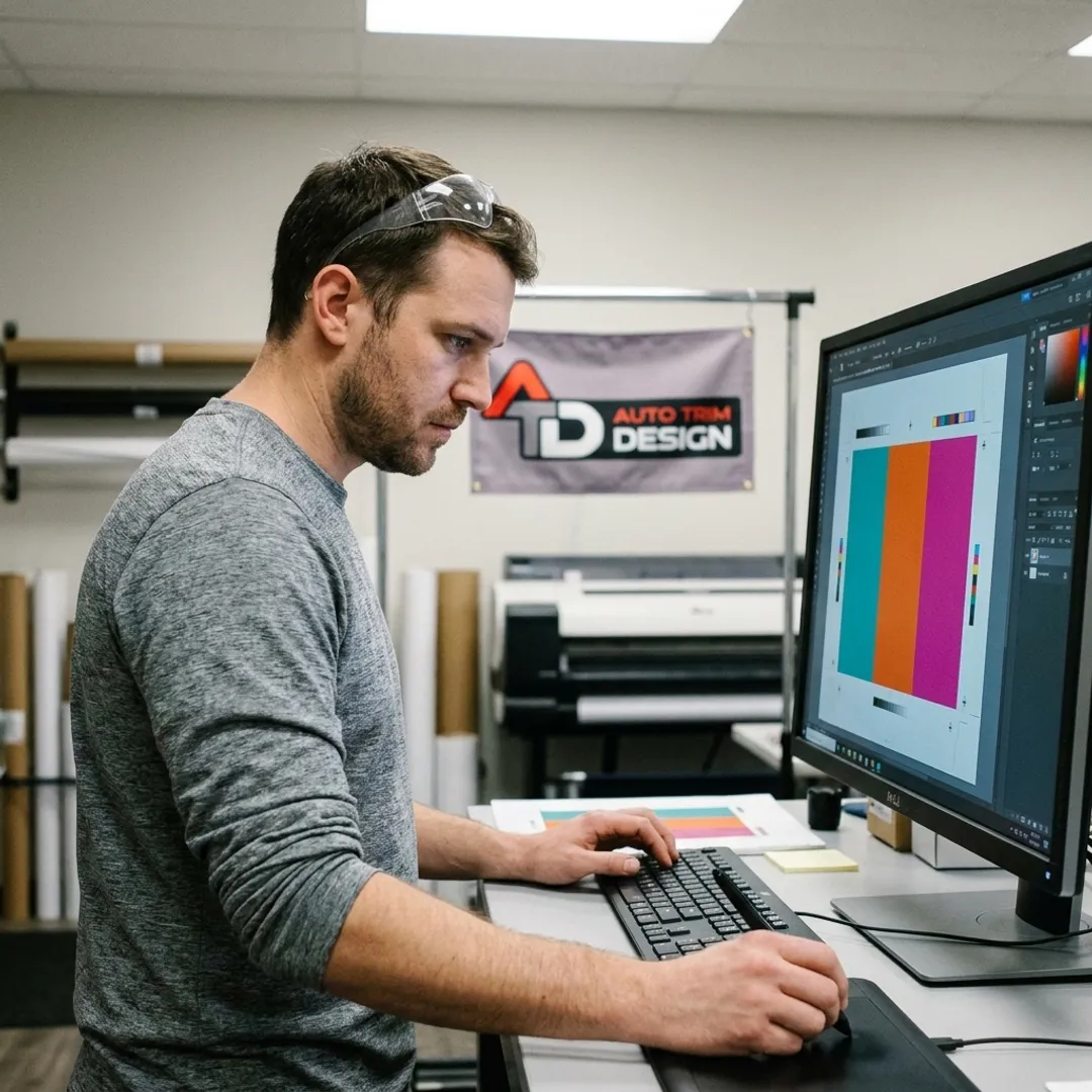 Designer reviewing fabric banner artwork on screen