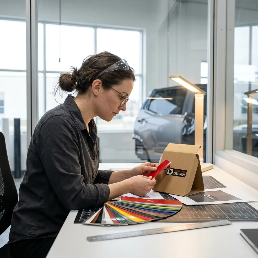 Designer reviewing branded packaging artwork and colour proofs