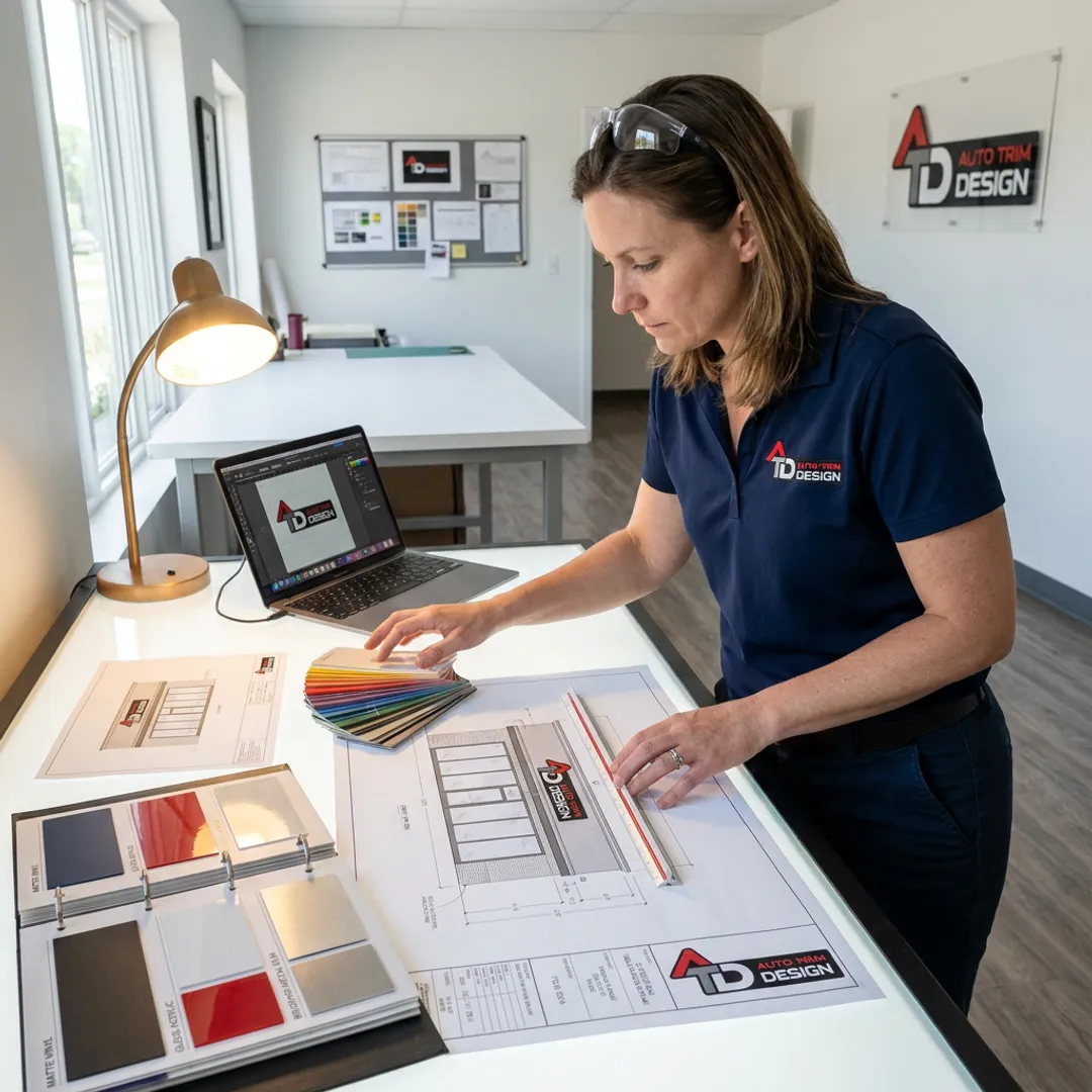 Designer reviewing custom sign plans