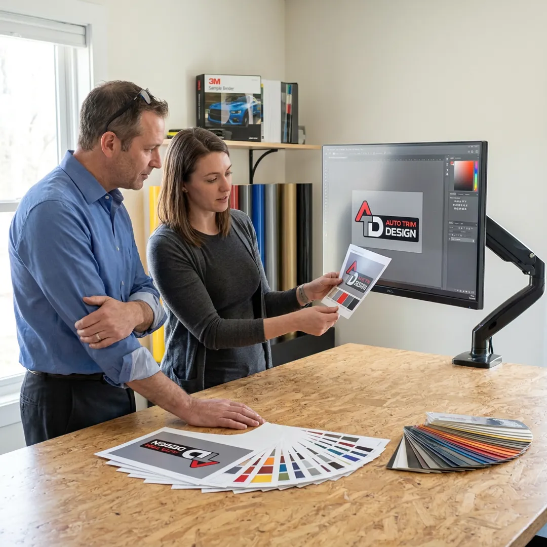 Designer reviewing a logo proof with client
