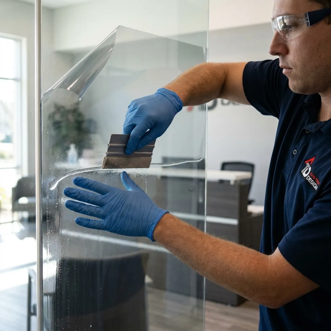 Clear protective film on commercial office window