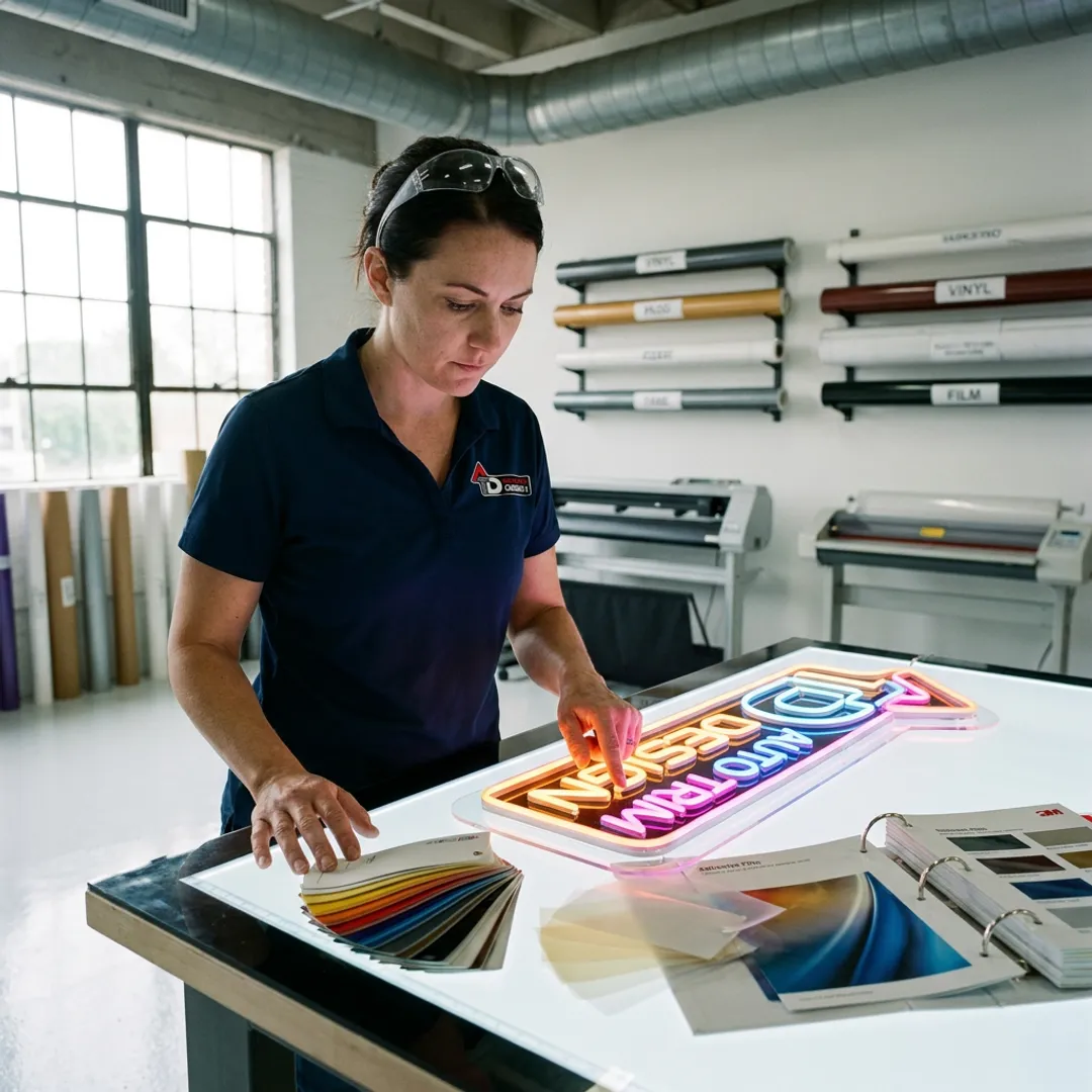 Designer reviewing a custom LED neon sign proof