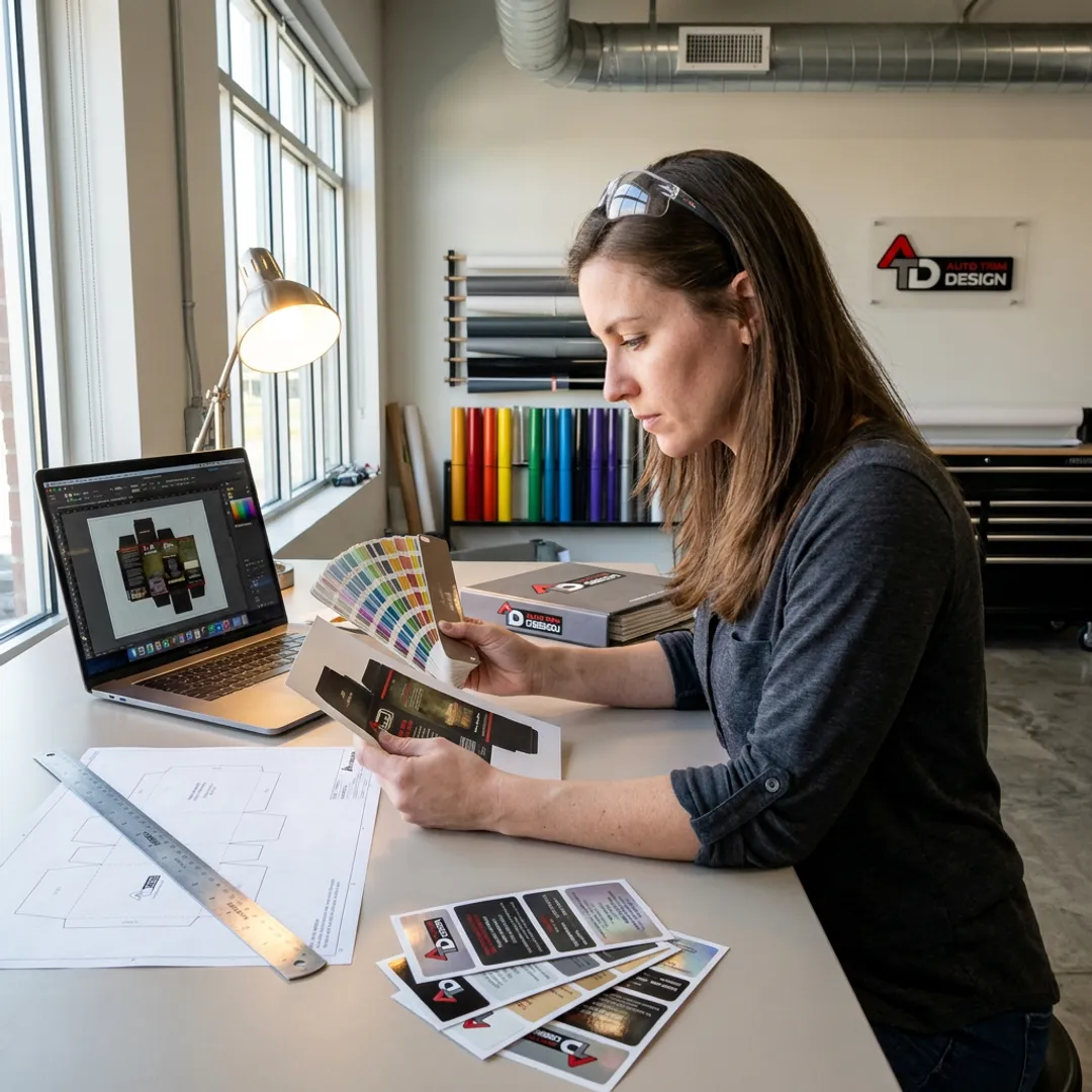 Designer reviewing packaging artwork and colour samples