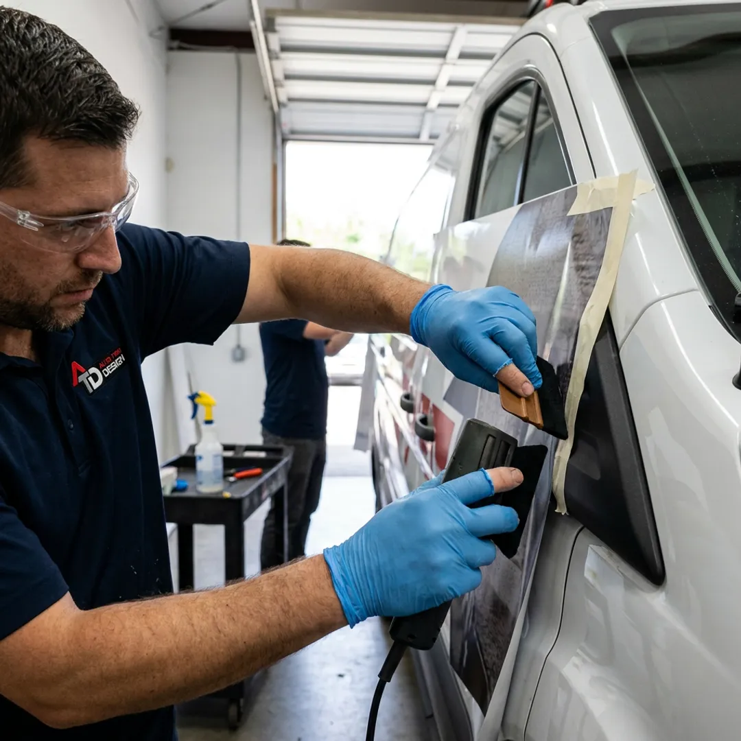 Technician installing a commercial vehicle wrap