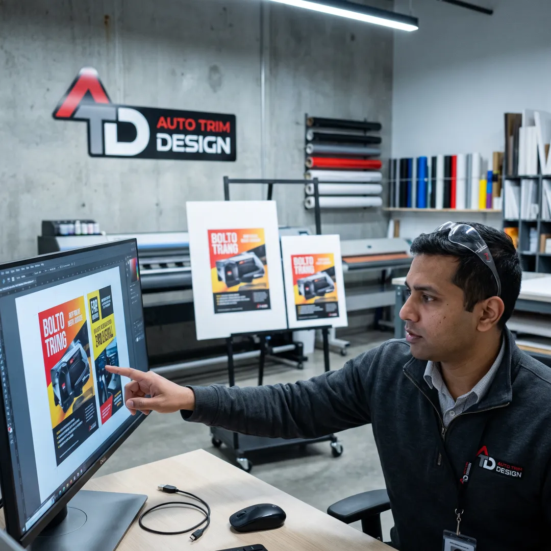 Designer reviewing foam board display artwork