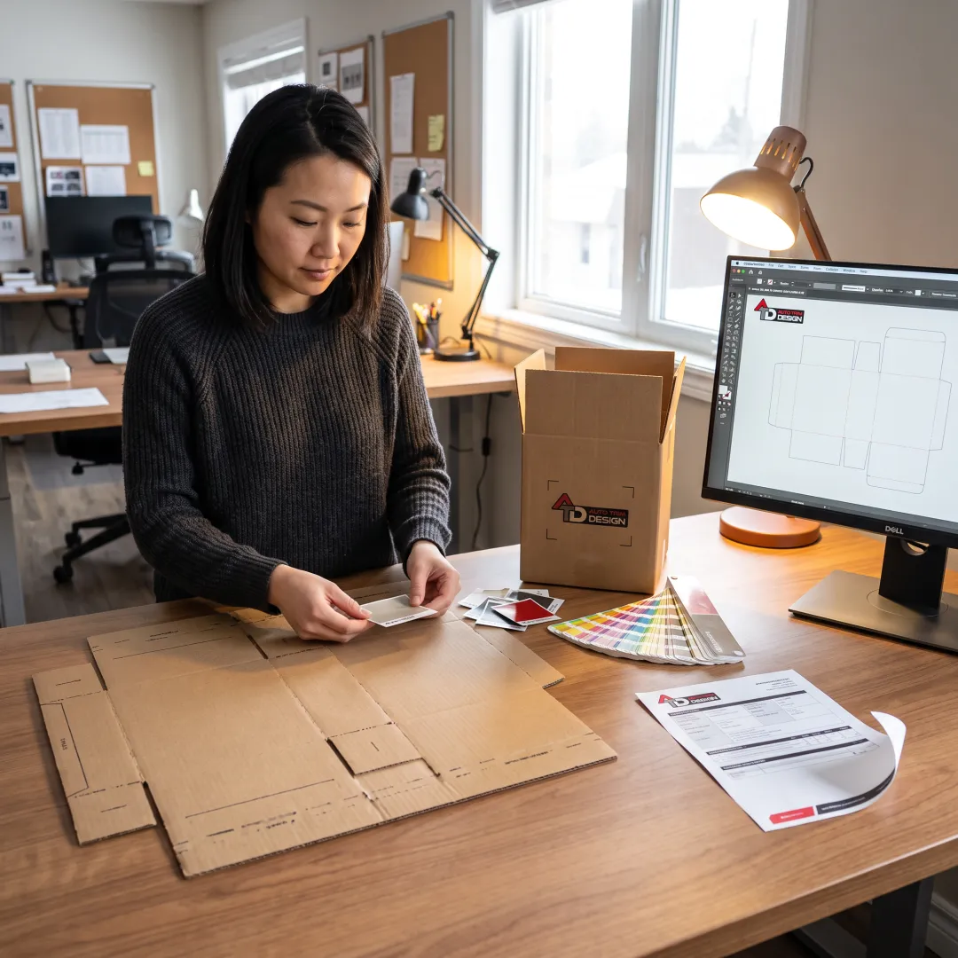 Designer reviewing branded shipping box artwork