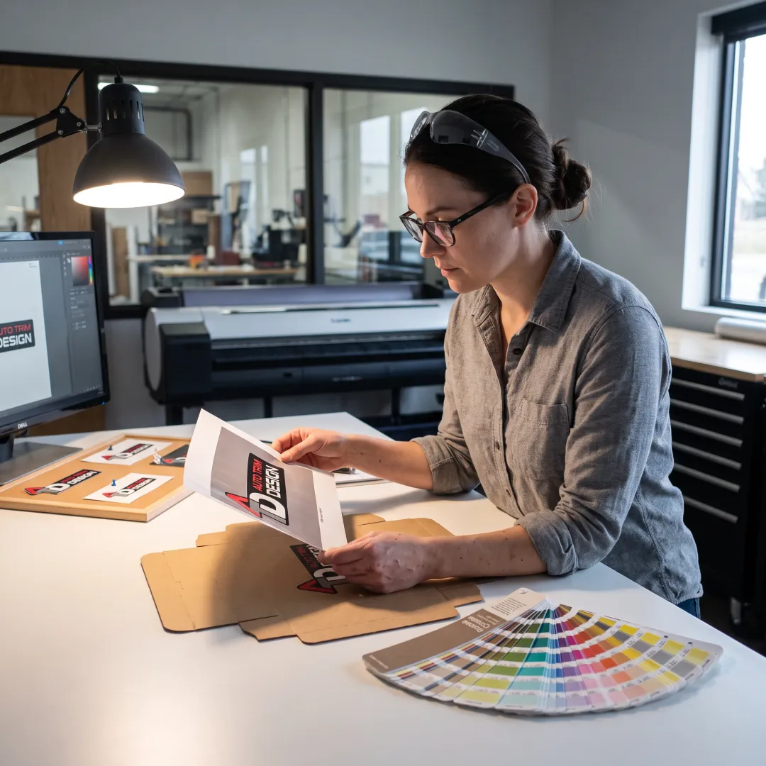 Designer reviewing custom box artwork and colour samples