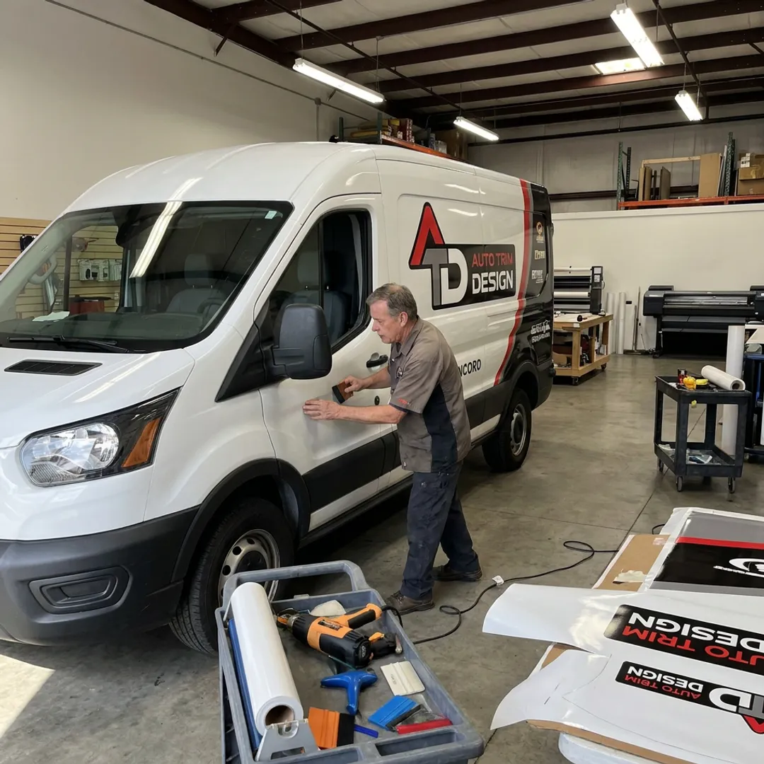 Installer applying vinyl graphics to a fleet vehicle