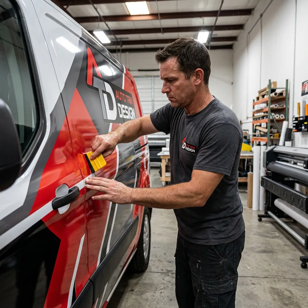 Technician installing a branded vehicle wrap