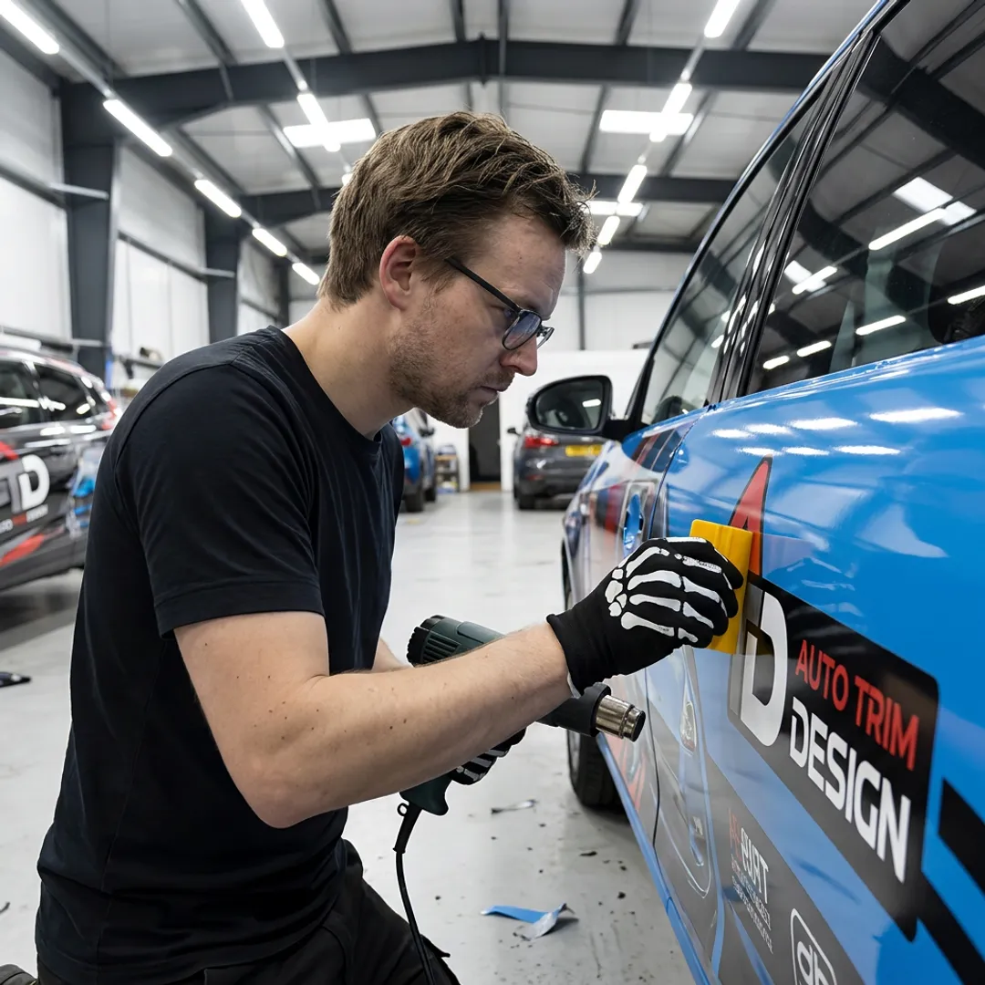 Technician installing a vehicle wrap