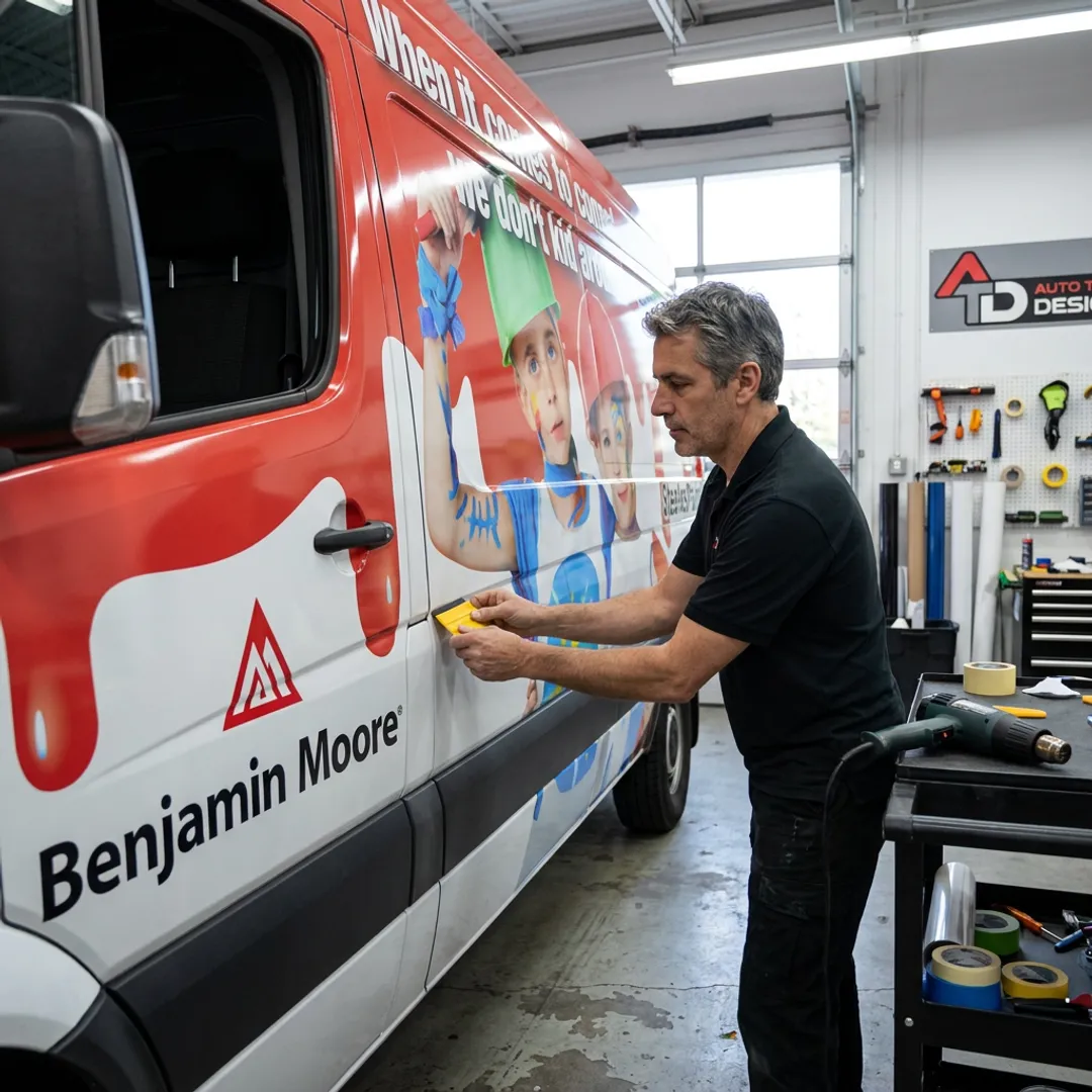 Vehicle wrap installer applying graphics