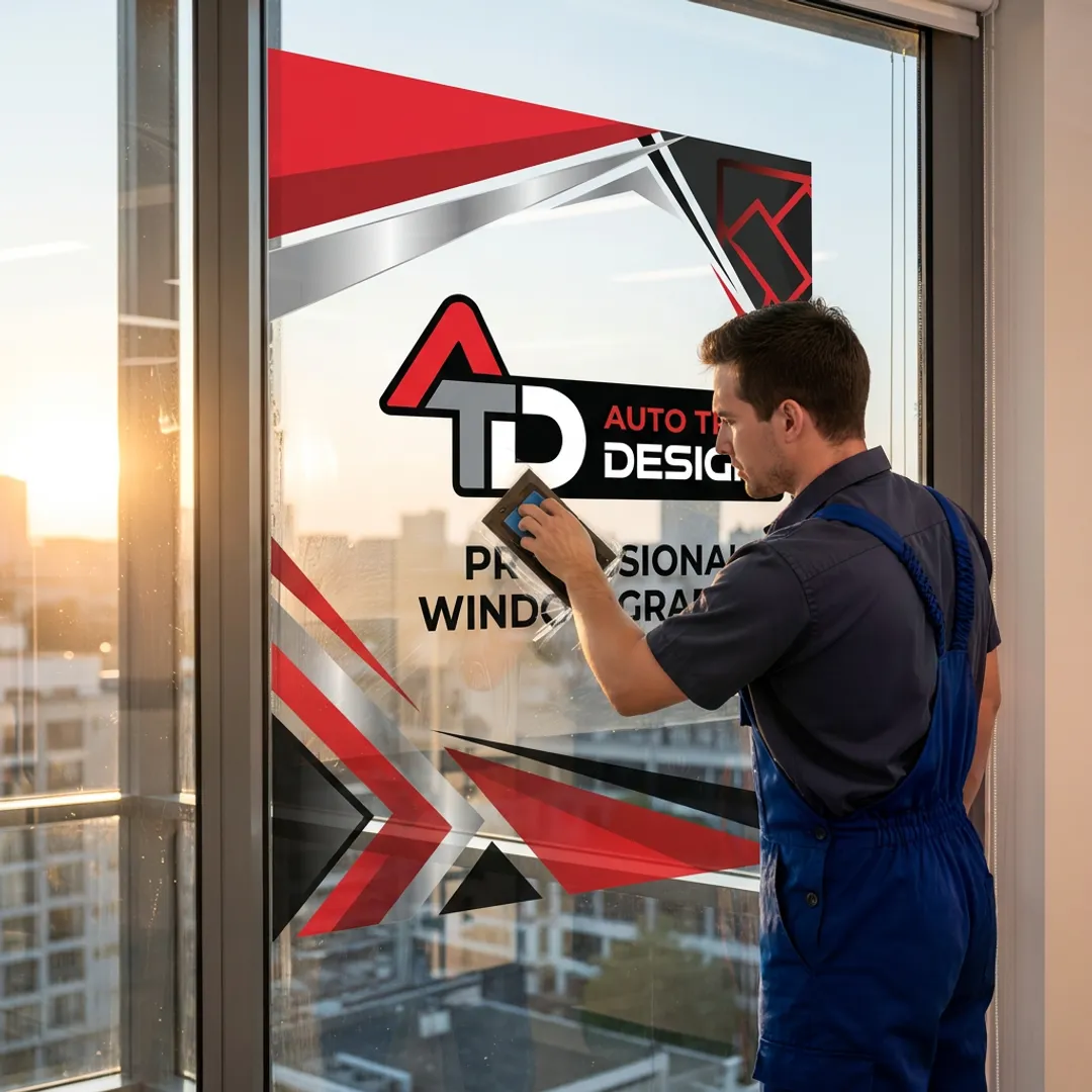 Installer applying branded vinyl decal to glass