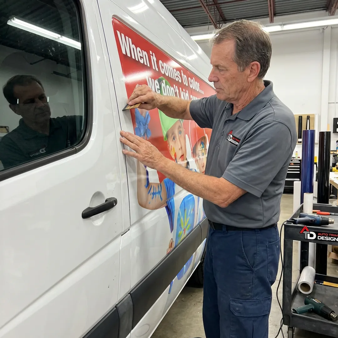 Technician installing vinyl graphics on a commercial van