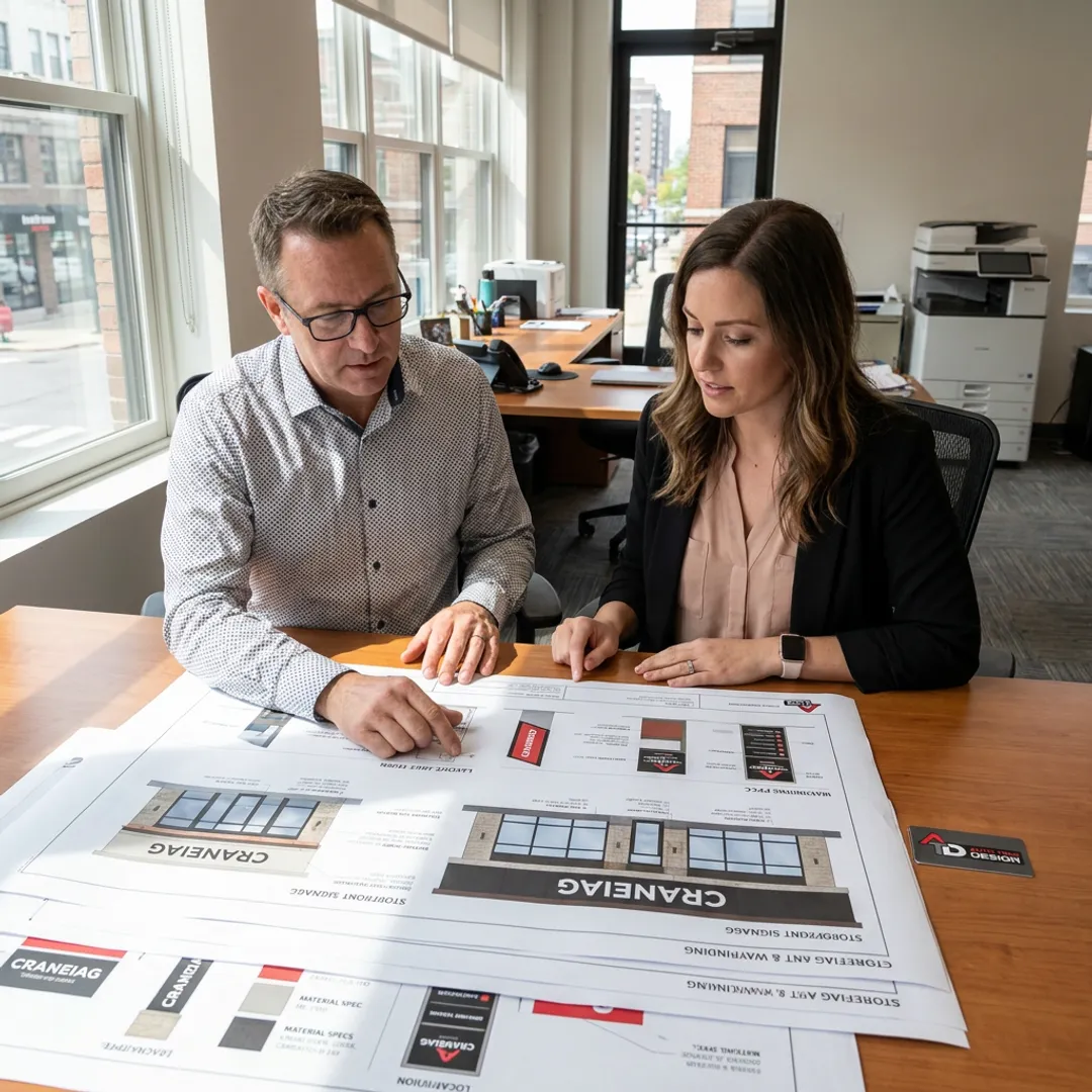 Designer reviewing custom commercial sign plans