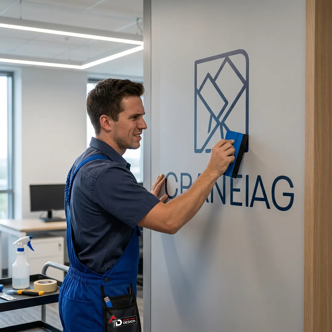 Sign technician installing a wall graphic