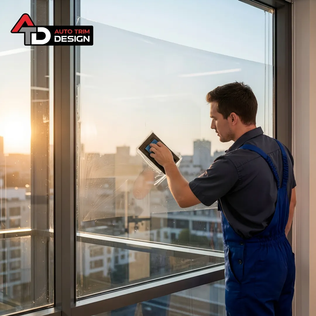 Installer applying solar-control film to office glass