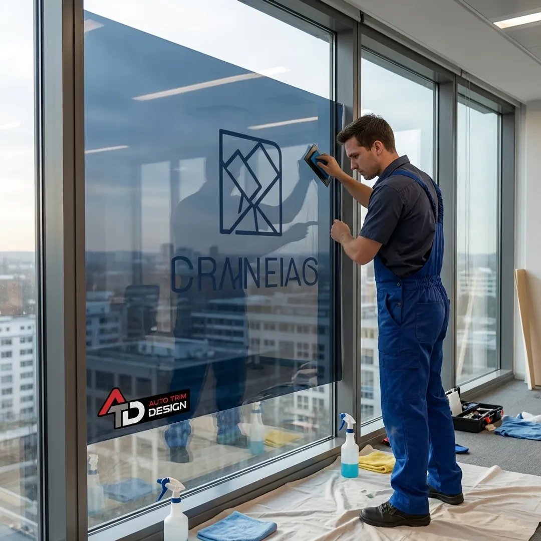 Installer applying film to a commercial window
