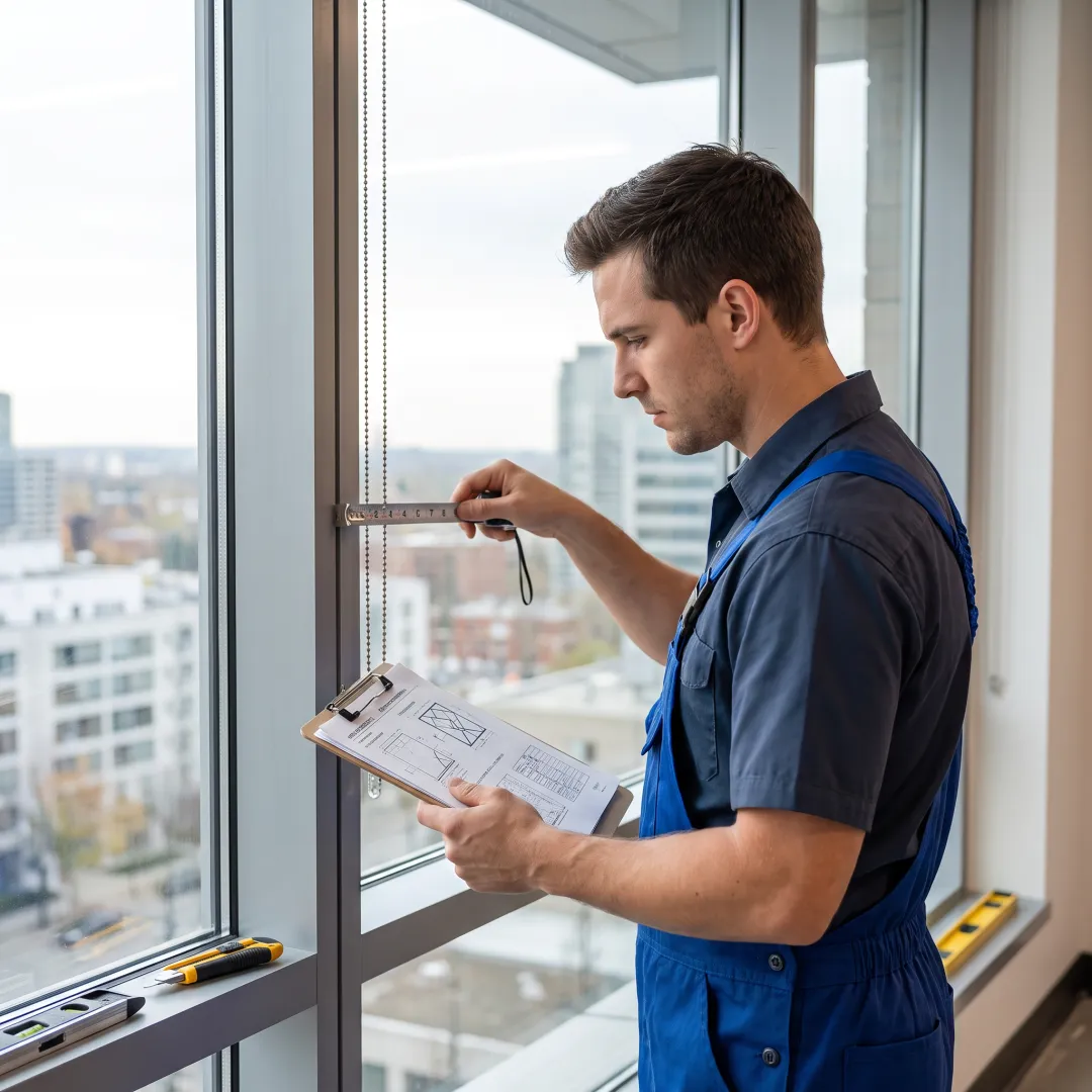 Technician measuring a commercial glass wall