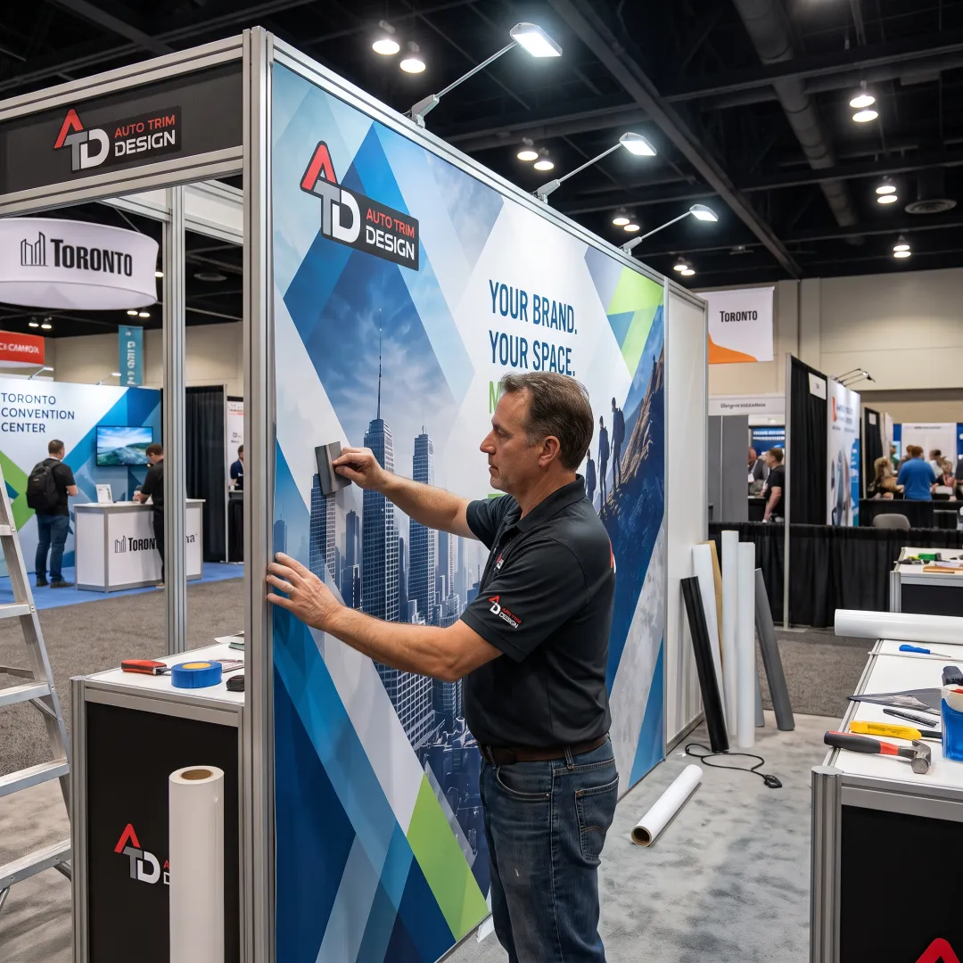 Technician installing trade show graphics