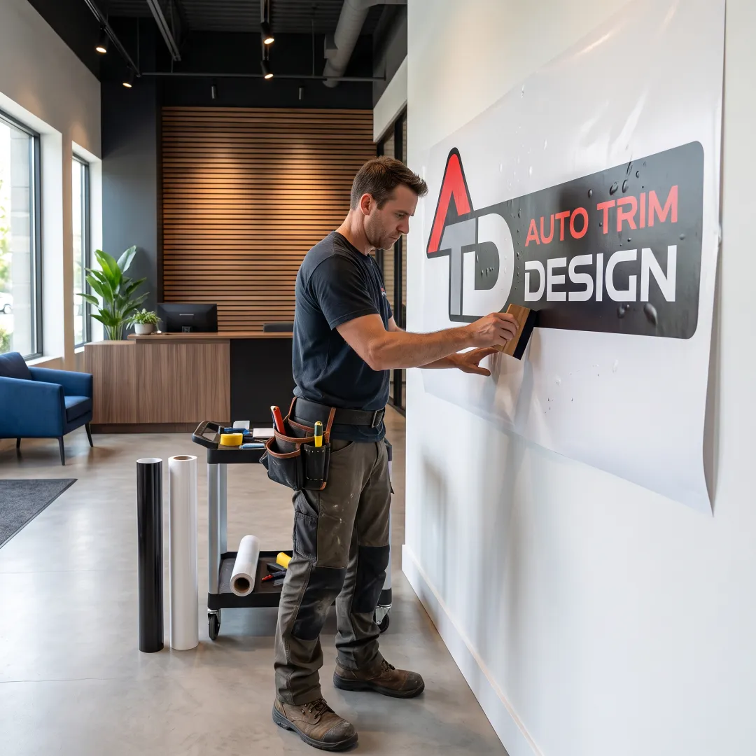 Installer positioning a custom vinyl wall decal