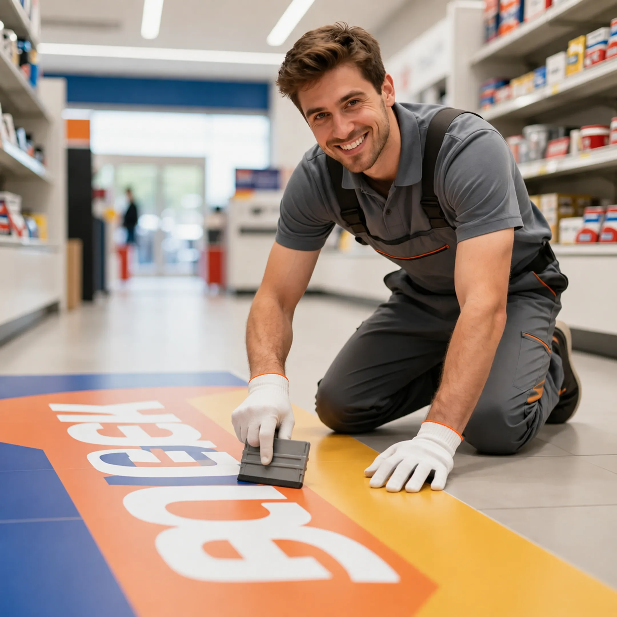 Professional installing a custom branded floor decal in a retail store