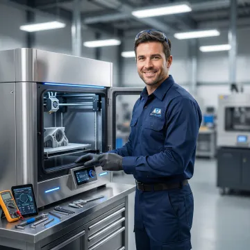 Certified technician performing maintenance on an industrial 3D printer in a manufacturing facility