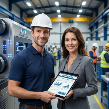 Engineer reviewing 3D printer maintenance plan with a client in an industrial facility