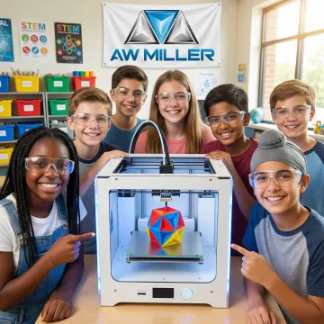 Children learning 3D printing in a STEM workshop classroom setting