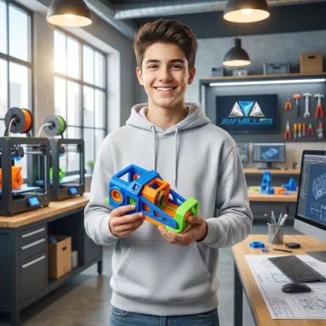Student holding a 3D printed prototype they designed in a workshop