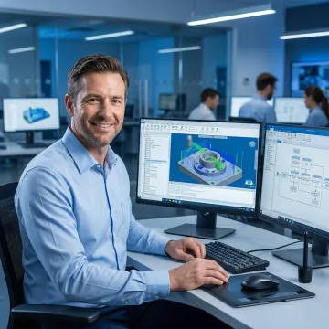 Applications engineer reviewing CAD software on a workstation in a technical center