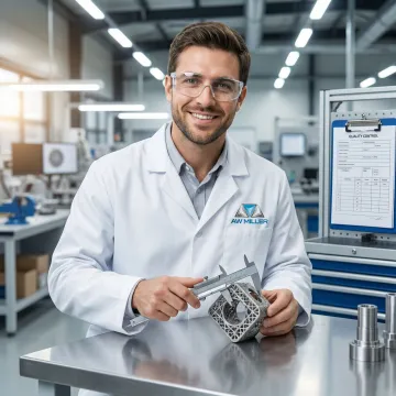 Engineer reviewing a metal 3D printed part during quality inspection in a manufacturing facility