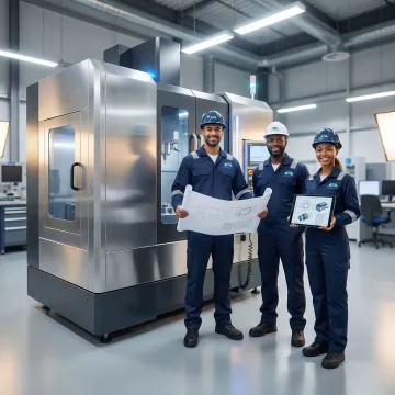 A.W. Miller engineering team reviewing technical blueprints alongside industrial CNC machinery