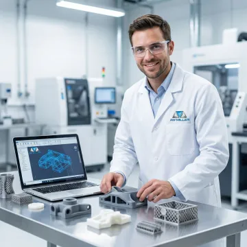 Engineer reviewing 3D printed custom parts on a workbench