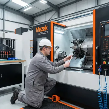 Industrial machine repair technician servicing a CNC machine in a manufacturing facility