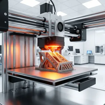 Industrial metal 3D printing machine producing a complex metal component in a manufacturing facility