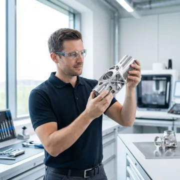 Engineer reviewing a 3D-printed industrial part at a technical center