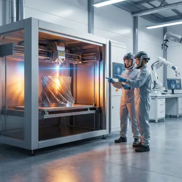 Industrial 3D printer producing a metal component on a factory floor