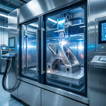 Large format industrial 3D printer producing a metal component in a manufacturing facility