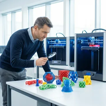 Engineer reviewing full color 3D printed prototypes in a technical center