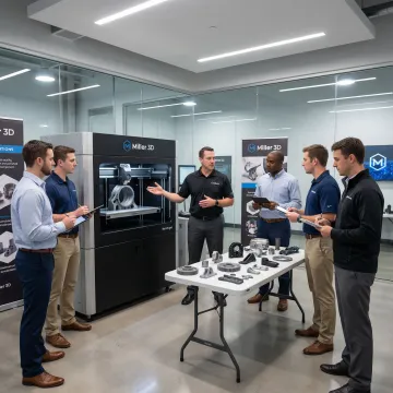 Instructor leading a 3D printing workshop with engineers around an industrial printer