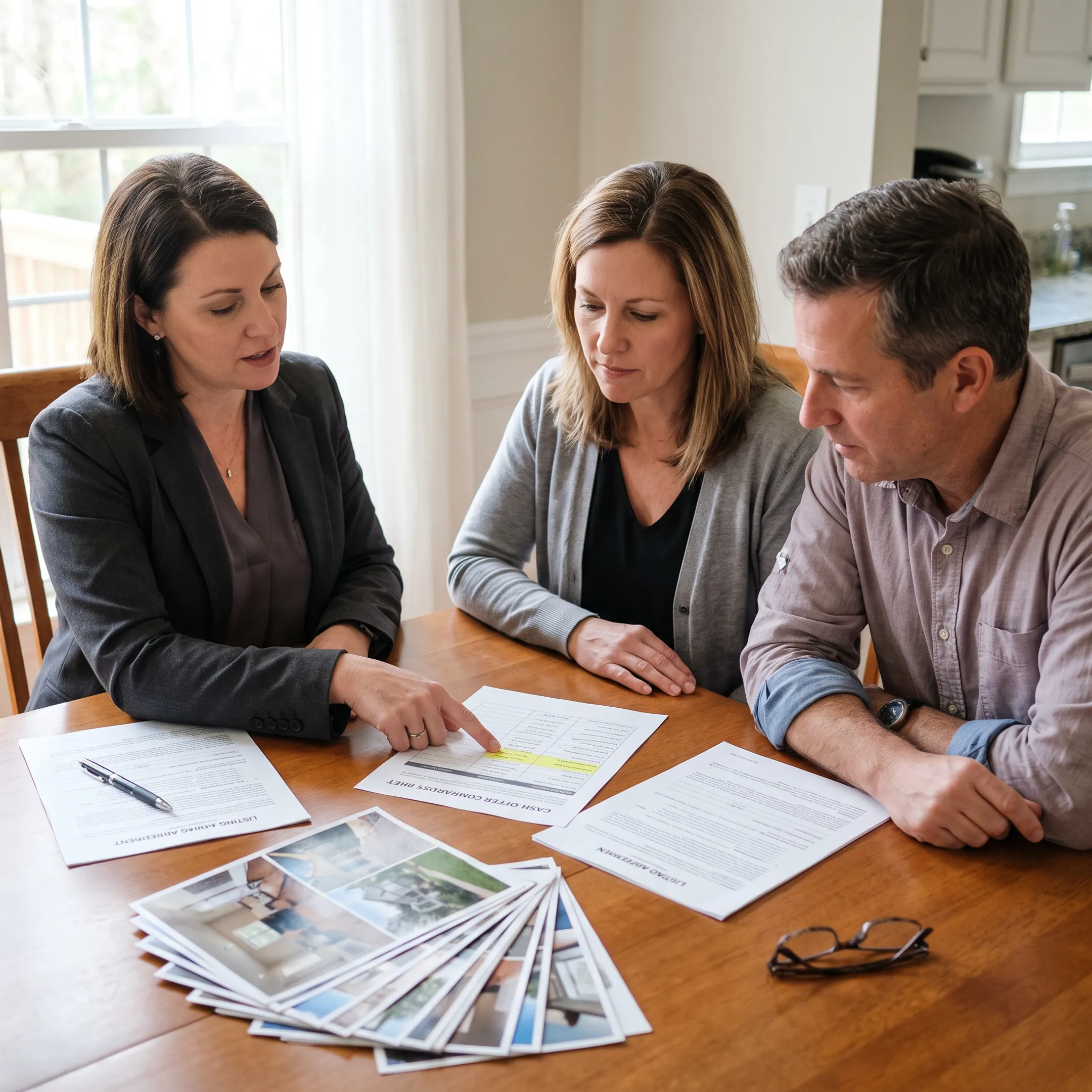 Home sellers reviewing property sale options