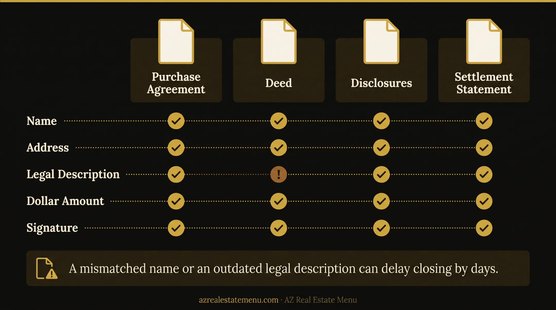 FSBO closing document cross-check matrix for names amounts and signatures