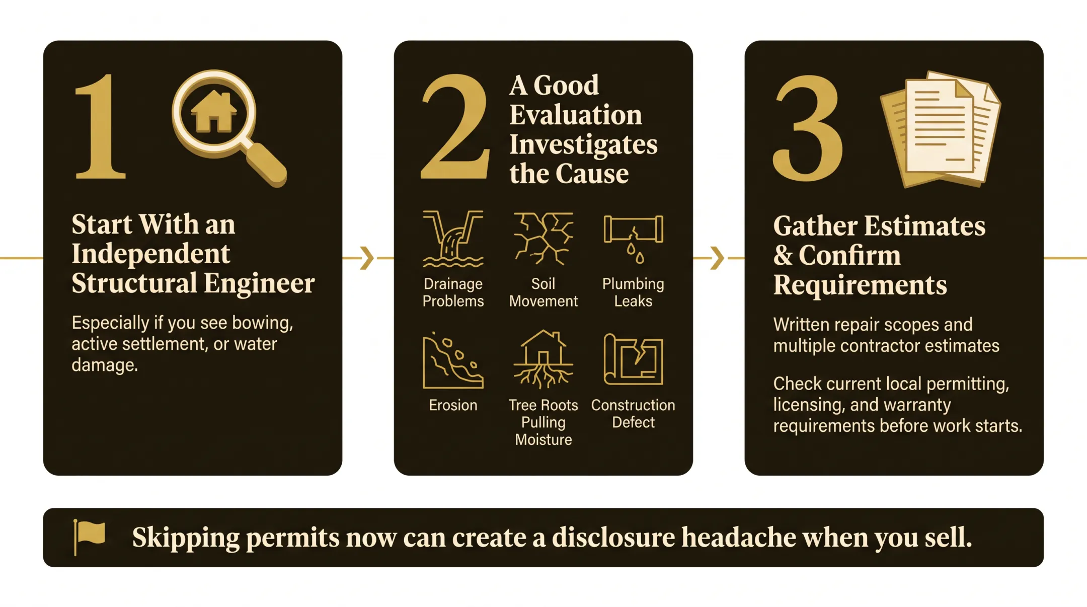 Foundation evaluation process from diagnosis through permitted repairs