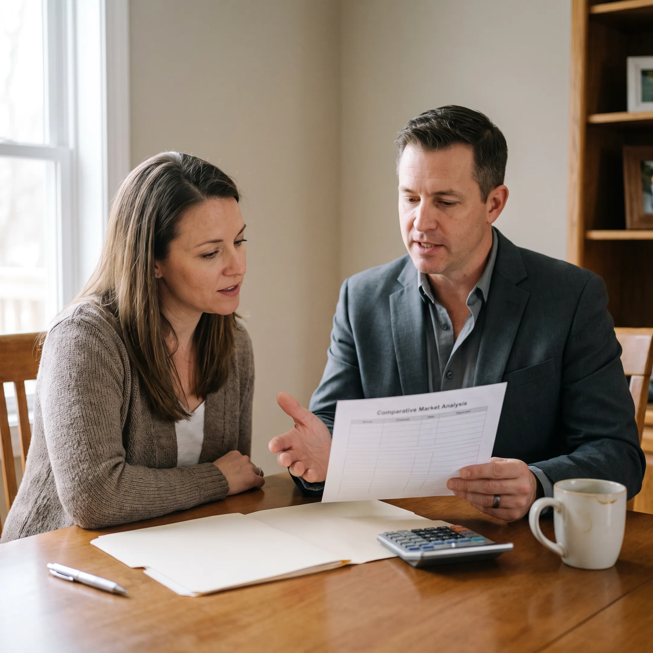 Real estate professional explaining cash offer documents to a homeowner