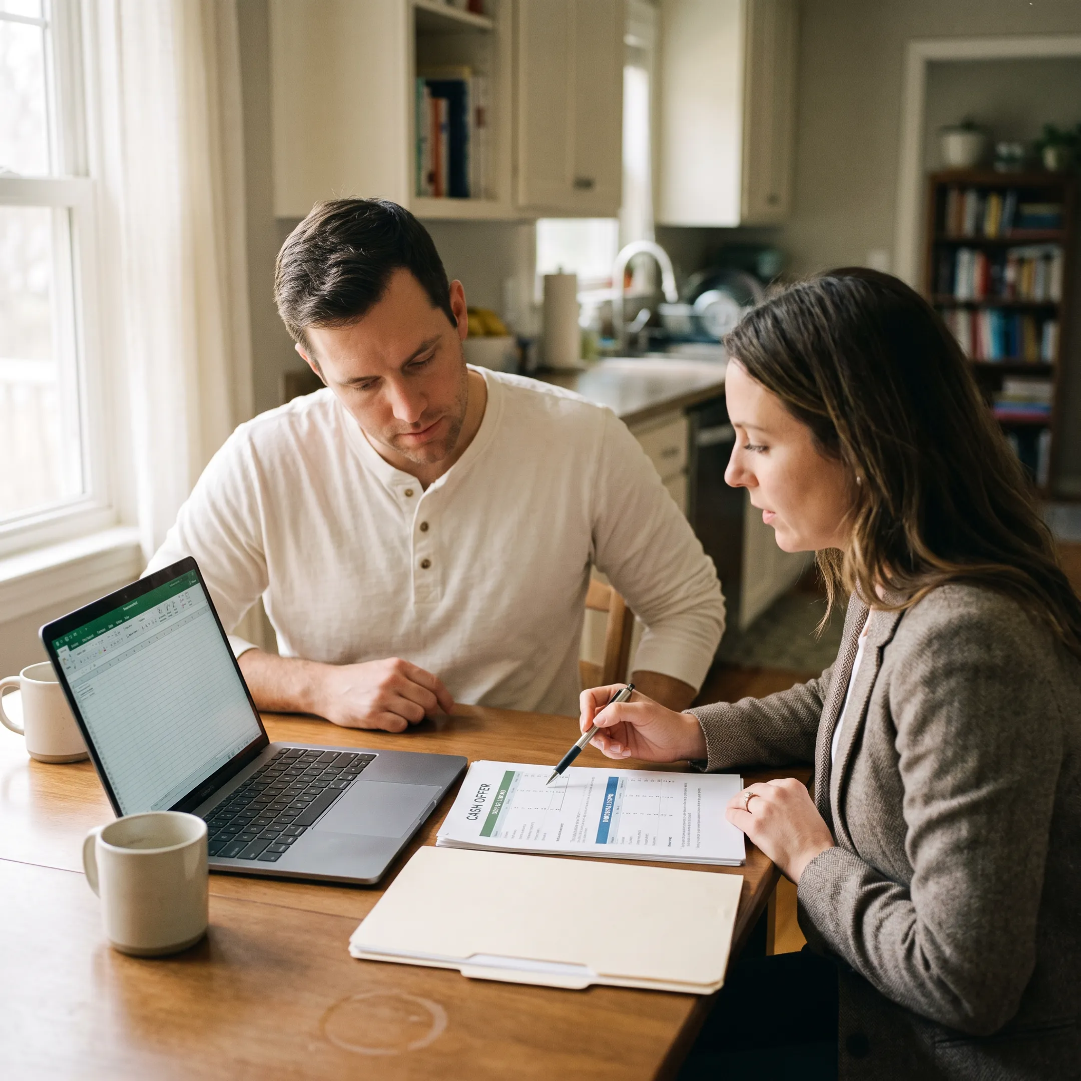 Homeowner reviewing a cash offer with a real estate advisor